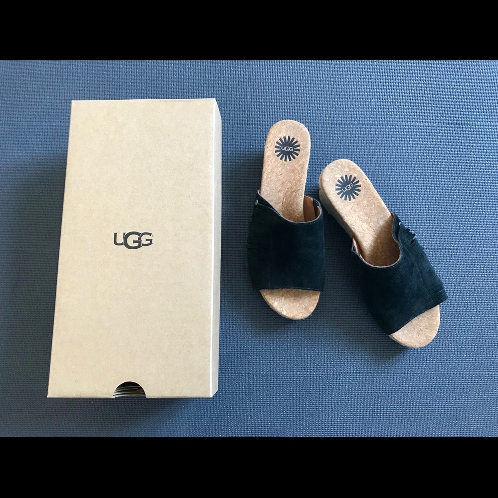 UGG W DANES 6 BLACK WEDGES FRINGE Leather SUEDE Slippers Summer SANDALS Slipon